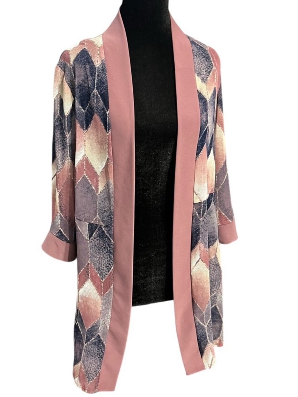 R&M Richards Petite 10P Pink Blue Geometric Cardigan